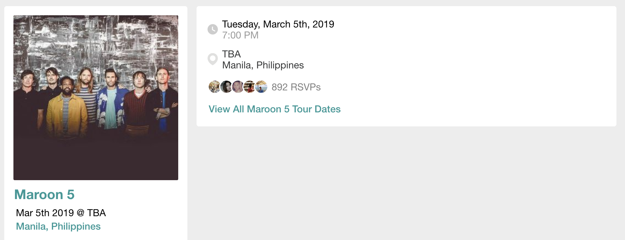 A screenshot of Maroon 5's concert in Manila 2019 details.